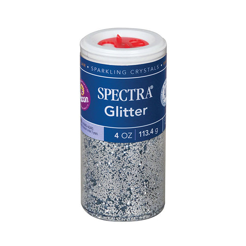 Bring sparkle and shine to any project | Hexagon-shaped plastic glitter crystals | Glitter is non-toxic and conforms to ASTM D-4236 | Plastic dispensing jar has a variety of slot openings to reduce messes | 4-ounce jar of Silver glitter