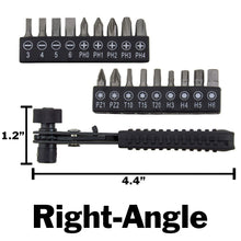 Load image into Gallery viewer, Right Angle Close Quarters Ratcheting Reversible Screwdriver Set with 18 Bits
