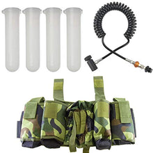 Load image into Gallery viewer, This paintball bundle includes a camouflage harness, 4 clear paintball pods, and a remote line with slide check | Harness fits standard tanks up to 88ci / 4500psi (Sold Separately) | Each included paintball pod holds 140 rounds (.68 Caliber) | Remote line fits all tanks of any kind (compressed air, nitro, or co2) and features adjustable airflow &amp; slide check | A must have for the paintball enthusiast!
