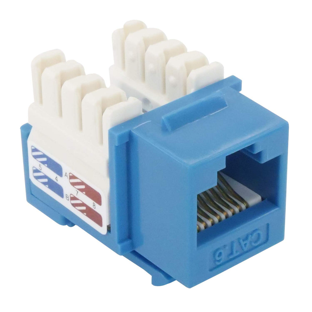 Used with patch panels, surface mount boxes, and wall plates | Krone type IDC termination with strain relief cap | Color coded T568A and T568B wiring | Conforms to EIA/TIA Cat6 standards | UL listed