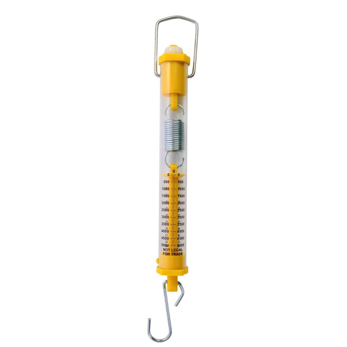Tubular Spring Scale 5kg / 10 Newtons | Top is flat on one side so that the scale can be used with an inclined plane | Clear plastic tube so that students can see the action of the spring | Color: Yellow | 