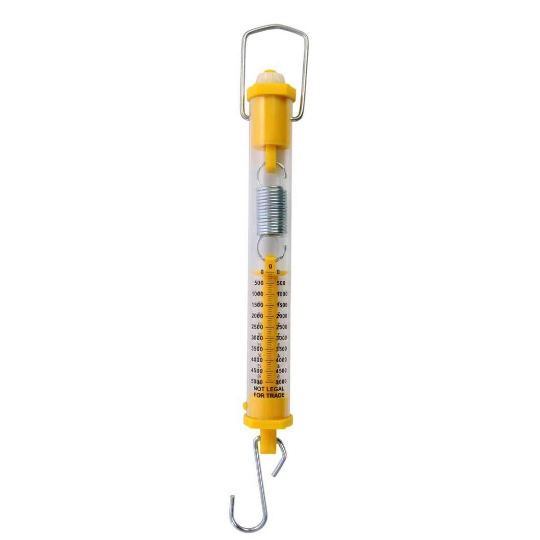 Tubular Spring Scale 5kg / 10 Newtons | Top is flat on one side so that the scale can be used with an inclined plane | Clear plastic tube so that students can see the action of the spring | Color: Yellow | 