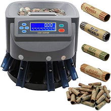 Load image into Gallery viewer, Business grade coin counter, sorter and wrapper for the following U.S. Coins: Dollar Coins, Quarters, Nickels, Dimes and Pennies | Easy to use — Simply pour your coins into the hopper then press start. The machine will begin automatically counting and sorting your coins and can be set to pause whenever a tray or bin is full. You can select between using the included tubes (for use with coin wrappers) or bins. | The hopper holds up to 500 coins that are rapidly sorted at a rate of 270 coins per m
