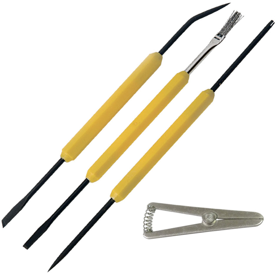 4-piece solder aid set: | Brush, scraper, heat-sink, probe | Comes with plastic pouch with dividers