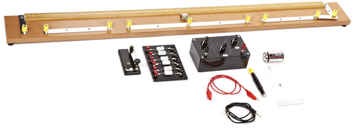 Wheatstone bridge experimental set for study of electricity and electrical circuits | Nickel-plated metal strip and light hardwood meter stick, with metal binding post for measuring electrical resistance | 6-volt battery, galvanometer, 0-999 ohm resistance box, connector cords, six mounted resistors, and contact key for demonstration purposes | Mounted on stained hardwood base for display | Instructions for operation