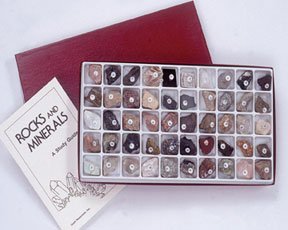 50 specimens in storage box with compartmented tray | Features igneous, sedimentary, and metamorphic rocks; ores; gemstones; and minerals in the Scale of Hardness | Each approximately 1 x 1in. (2.5 x 2.5cm) | Numbered to reference the enclosed identification key | Dimensions: 14 x 7.25 x 1.25in. (35.6 x 18.4 x 3.97cm)