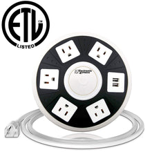 Load image into Gallery viewer, Power strip with 5 surge protected AC outlets | 2 USB charging ports | Overload protection | Large button in the center that allows you to turn all sockets on or off with your foot or hand | 4.9 foot UL Listed power cord
