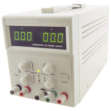 Load image into Gallery viewer, 0-60V; 0-3A | +5V @ 1A fixed | Two digital panel meters (LED) | Constant voltage and current operation | Overload and reverse polarity protection
