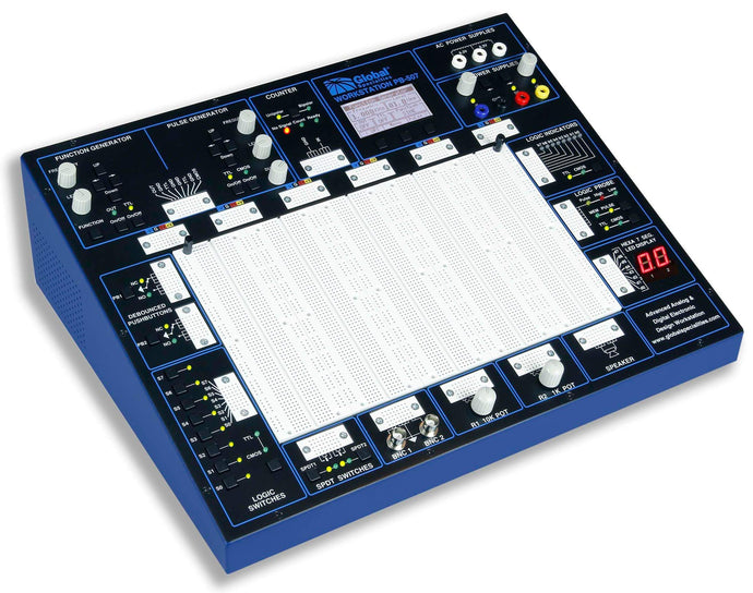 LCD displays the settings from each active module | USB connection enabling viewing and controlling from a PC | Choose your power source: 6.3 /12.6 VAC power, 5 VDC or variable ±20 VDC | Draw power from banana plug connections or the tie-point power supplies above each breadboard bus strip | Powerful 1 MHz bandwith function generator with sine, triangle, and square wave output