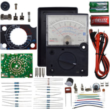 Load image into Gallery viewer, Build your own quality, high performance analog meter with this soldering practice kit | NOTE: This kit requires assembly with a soldering iron. Soldering iron and solder are not included. An assembly manual is included. | Once assembled, it measures AC and DC voltage and current, resistance, audion signal dBm, transistor gain (hfe), and checks diode continuity | Measures 5.82&quot; x 3.94&quot; x 1.41&quot; | 9V and 2x AAA batteries are included
