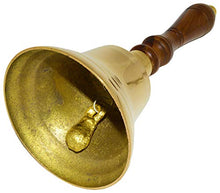 Load image into Gallery viewer, Large School Bell, Polished Brass Metal Handbell, Gold Color with Brown Wooden Handle - Measures 3.75 Inches Wide and 8.5 Inches Tall
