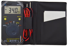Load image into Gallery viewer, 1999 Count Auto-Ranging Pocket Sized Digital Multimeter | AC/DC to 600V, Capacitance to 200uF, Frequency to 100KHz, and Resistance to 20M ohms | AC Current: 0 - 200mA, DC Current: 0 - 200mA | Features Data Hold, Relative measurement, Auto power off, Continuity beeper, Diode test | Includes test leads and black folio storage case
