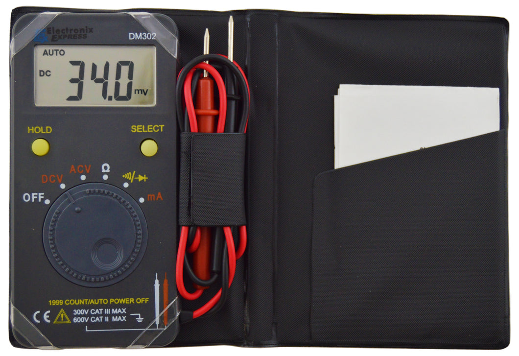 1999 Count Auto-Ranging Pocket Sized Digital Multimeter | AC/DC to 600V, Capacitance to 200uF, Frequency to 100KHz, and Resistance to 20M ohms | AC Current: 0 - 200mA, DC Current: 0 - 200mA | Features Data Hold, Relative measurement, Auto power off, Continuity beeper, Diode test | Includes test leads and black folio storage case