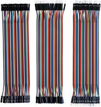 Load image into Gallery viewer, Includes 3 Dupont cables: Male to Male, Female to Female, Male to Female | 40 pins per cable | Male pins fit standard 0.1&quot;(2.54mm) female sockets | Female pins fit standard 0.1&quot;(2.54mm) male headers | Each cable measures approximately 8L x 2W
