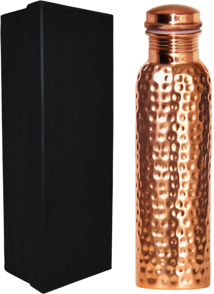 30 Ounce Pure Copper Drinking Vessel in Elegant Gift Box, Hammered Water Bottle with Screw-On Cap, Ayurvedic Benefits