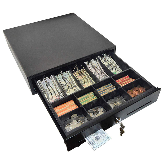 Black color, heavy-duty metal design fitted with an RJ12 cable for connection to POS systems | Lock opens via key (2 keys included) or by drawer kick (DK) signal from a connected POS device - lock mechanically locks drawer | Removable bill tray with spring-loaded bill clips and adjustable compartment dividers | Removable coin tray with removable and adjustable dividers for up to eight compartments | Front panel slip deposit slots for storing coupons, large bills, checks