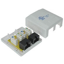 Load image into Gallery viewer, 2 Port Cat6 Surface Mount Box, 2 Cable Entrance, UL Listed (White)
