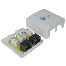 Load image into Gallery viewer, 2 Port Cat6 Surface Mount Box, 2 Cable Entrance - White by PI Manufacturing
