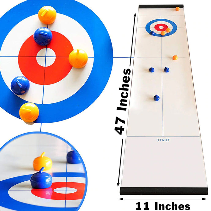 This portable, indoor version of curling uses the same rules as the real sport for an exciting, fun, and competitive experience for 2 to 8 players! | Includes eight stones that have a built-in ball bearing that allows them to glide smoothly across the 47