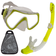 Load image into Gallery viewer, Fully adjustable head straps for age from 6 - 12 years old | Anti-fog coated tempered glass | Full dry snorkel with purge valve and splash guard | Includes Mask, Snorkel, and Mesh Bag | 
