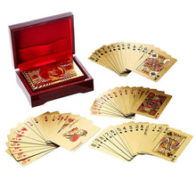 Load image into Gallery viewer, Bring these cards to the table and enjoy a game in style | Certified 24-karat gold-foil playing cards display the image of the Franklin $100 bill on the back | Standard deck of 52 cards and 2 jokers packaged in gold-foil box
