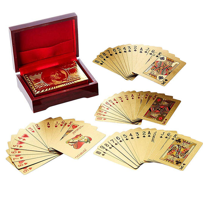 Bring these cards to the table and enjoy a game in style | Certified 24-karat gold-foil playing cards display the image of the Franklin $100 bill on the back | Standard deck of 52 cards and 2 jokers packaged in gold-foil box