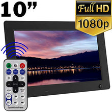 Load image into Gallery viewer, 10 inch Widescreen Digital Photo Frame with 1080p LCD display for displaying all your memories in vivid high resolution | Includes a wireless remote and 4.5 foot power cord. Supports USB flash drives, MMC, SD, MS, SDHC (up to 32G). | Plug &amp; Play - With no software to install, it's ready display your photos instantly - just turn it on and enjoy! | Features an optional energy-saving motion sensor mode that automatically turns the frame on when someone is nearby, and goes into sleep mode when they 
