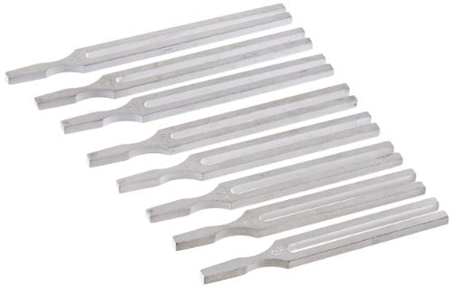Tuning forks for use in science experiments involving sound wave physics | Aluminum alloy tuning forks with frequencies of 100, 128, 256, 288, 320, 341.3, 384, 426.6, 480, 512, 1,024, 2,048, and 4,096Hz | Frequency and musical scale letter stamped on each tuning fork | Comes in fitted wooden case | 