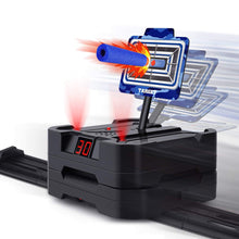 Load image into Gallery viewer, Improve your foam dart aim with this fun moving target that features sound effects, lights, and a score counter! | Simply turn on the power switches and let the target move back and forth on the track. Aim at the target and shoot. If the target is hit down, a sound effect plays and red lights blink. The target resets automatically, and you can take aim for your next shot. | Your score is displayed on the electronic scoring screen. Hit down 1 target, Get 1 point. When the score reaches 30 points,
