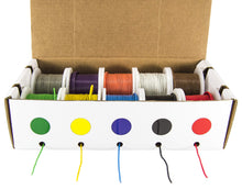 Load image into Gallery viewer, Hook-Up Stranded Wire Kit | 10 (25 feet) spools contained in a cardboard dispensing box, which keeps hook-up wire neat and clean | Assorted colors: Red, black, green, yellow, blue, white, purple, orange, gray and brown | Insulation: PVC .010&quot;, Voltage Rating: 300 Volts | Flame retardant and resistant to water, oil

