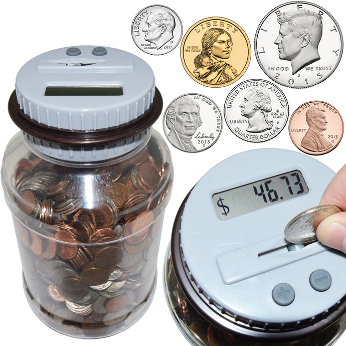 ?? Watch your money grow with this fun coin counting jar that automatically calculates and displays coin total with every deposit! | ?? Accepts all U.S. circulated coins including pennies, nickels, dimes, quarters, half dollars, and dollar coins | ?? Convenient twist-off lid for quick and easy coin retrieval. The bottom of the lid features a reset button and the top features + / - buttons for manual increments and decrements. | ?? The jar is clear so that you can watch as your money accumulates.