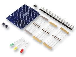 1) protoshield (revision 3) bare pcb | 1) 40 way with long terminal 0.1 inch | 1) 2x3 straight male pin header | 2) pushbuttons | 5) 220 ohm resistors