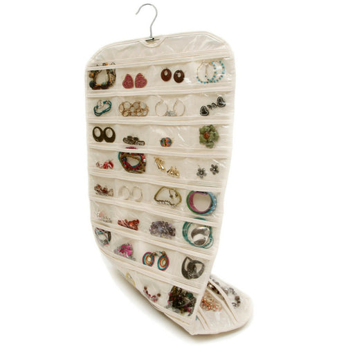 Wall hanging jewelry organizer with 80 clear pockets (40 on each side) | Measures 18 inches wide and 35 inches high | Pocket size: 4.72